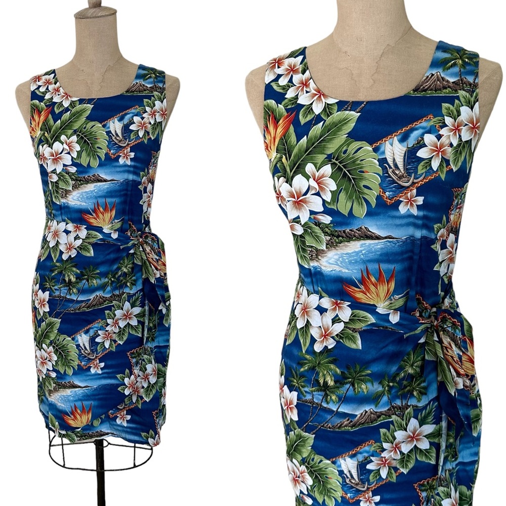 90s Y2K Vintage Blue Hawaiian Floral Print Pu Wrap Mini Dress - Small